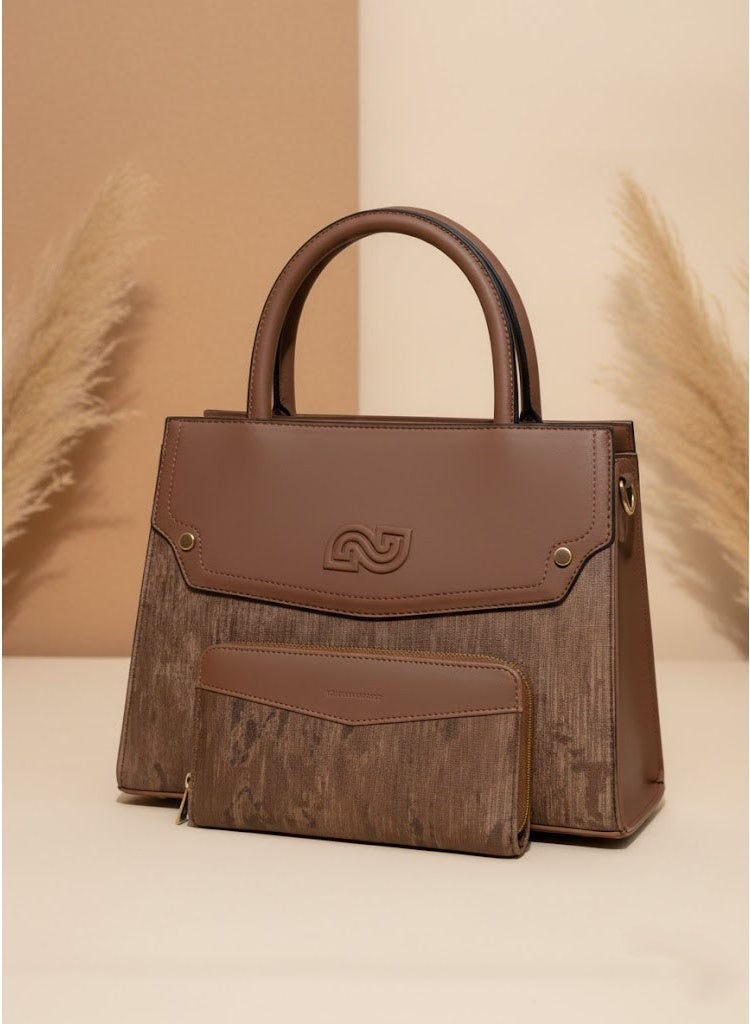 FUMES Brown Women’s Satchel Handbag with Matching Small Wallet – Structured Design, Solid Textured Finish, Elegant Office & Daily Carry Bag - Image 1